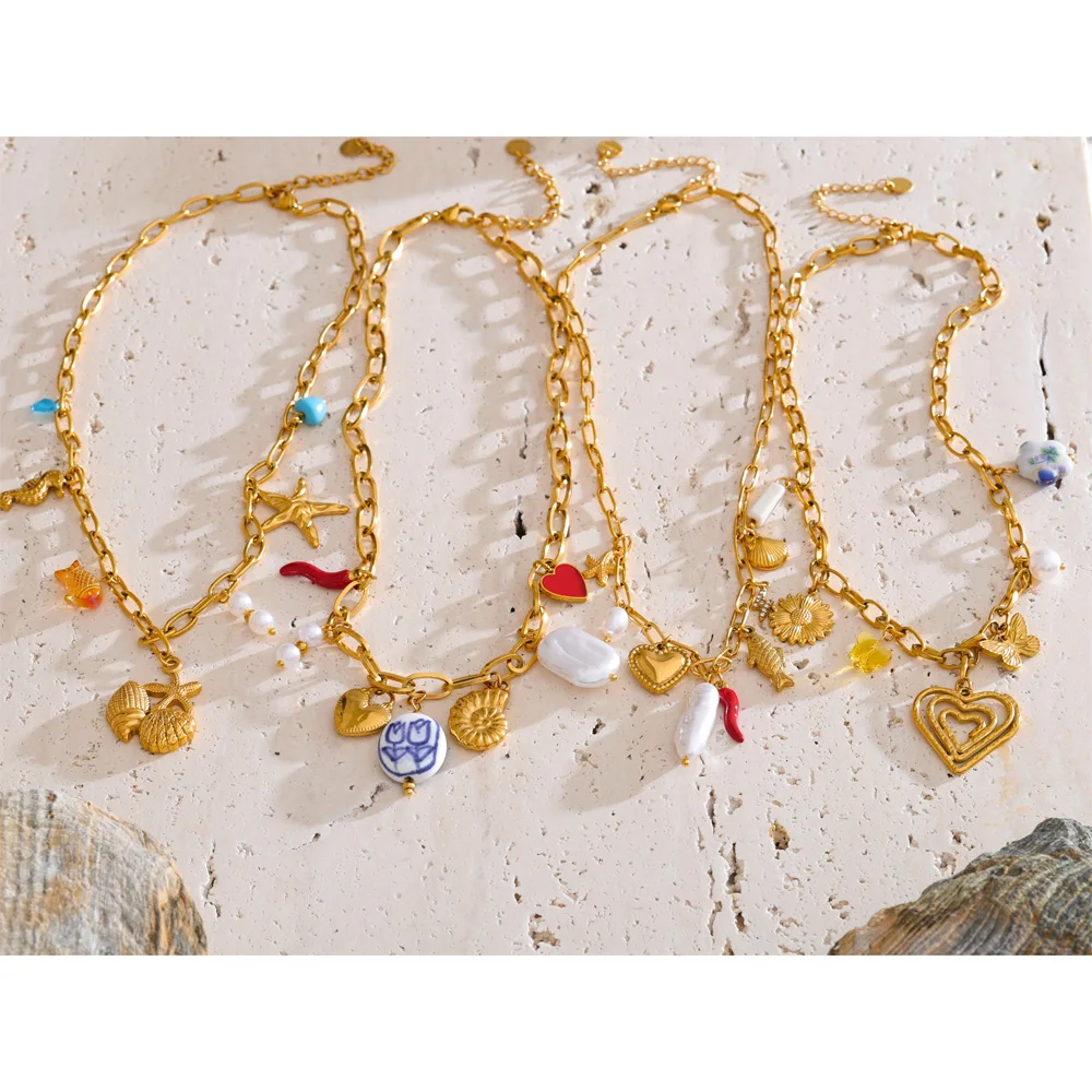 Gold-Plated Ocean Charm Necklace with Pearl Shell and Starfish