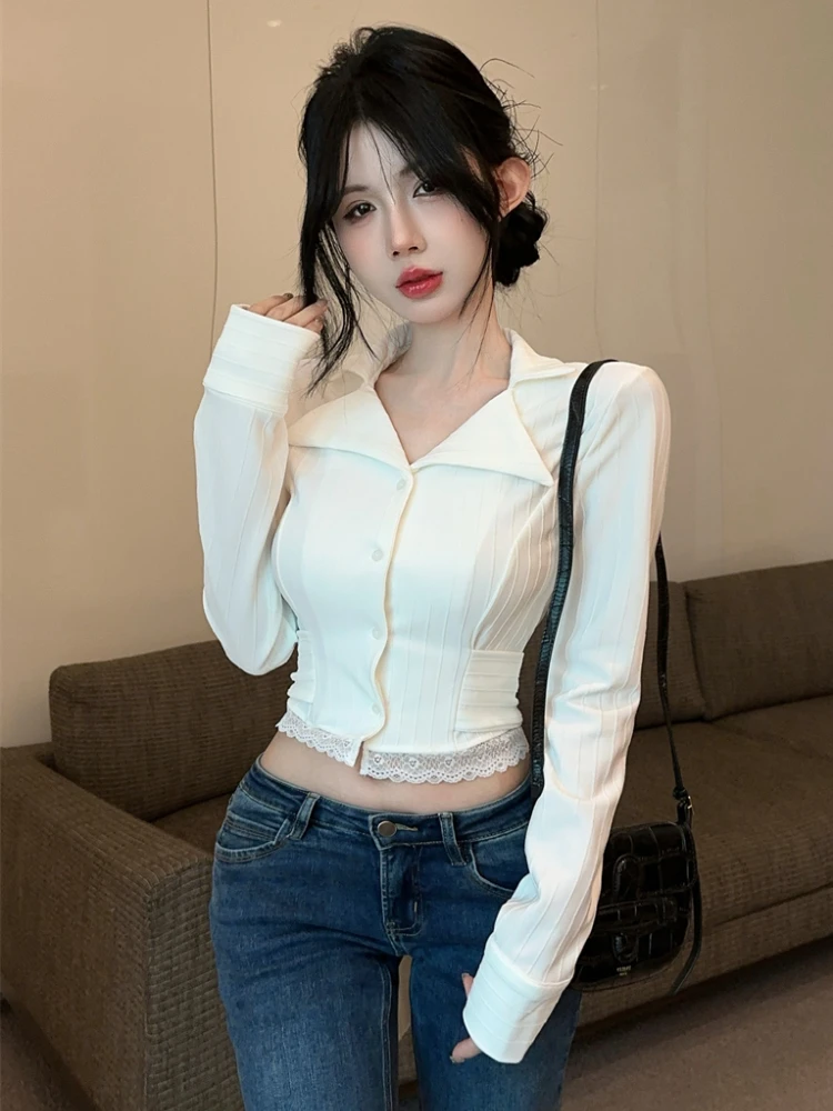 White Crop Tops Shirts for Women Slim Lace Design Sexy Girls Tender Casual French Style Aesthetic Long Sleeve Camisas De Mujer