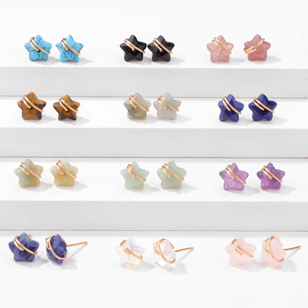 حجر طبيعي ترصيع أذن نجمة للرجال والنساء ، الجمشت ، الكوارتز الوردي ، جمشت العقيق ، أقراط اللازورد ، سلك ملفوف ، هدية مجوهرات