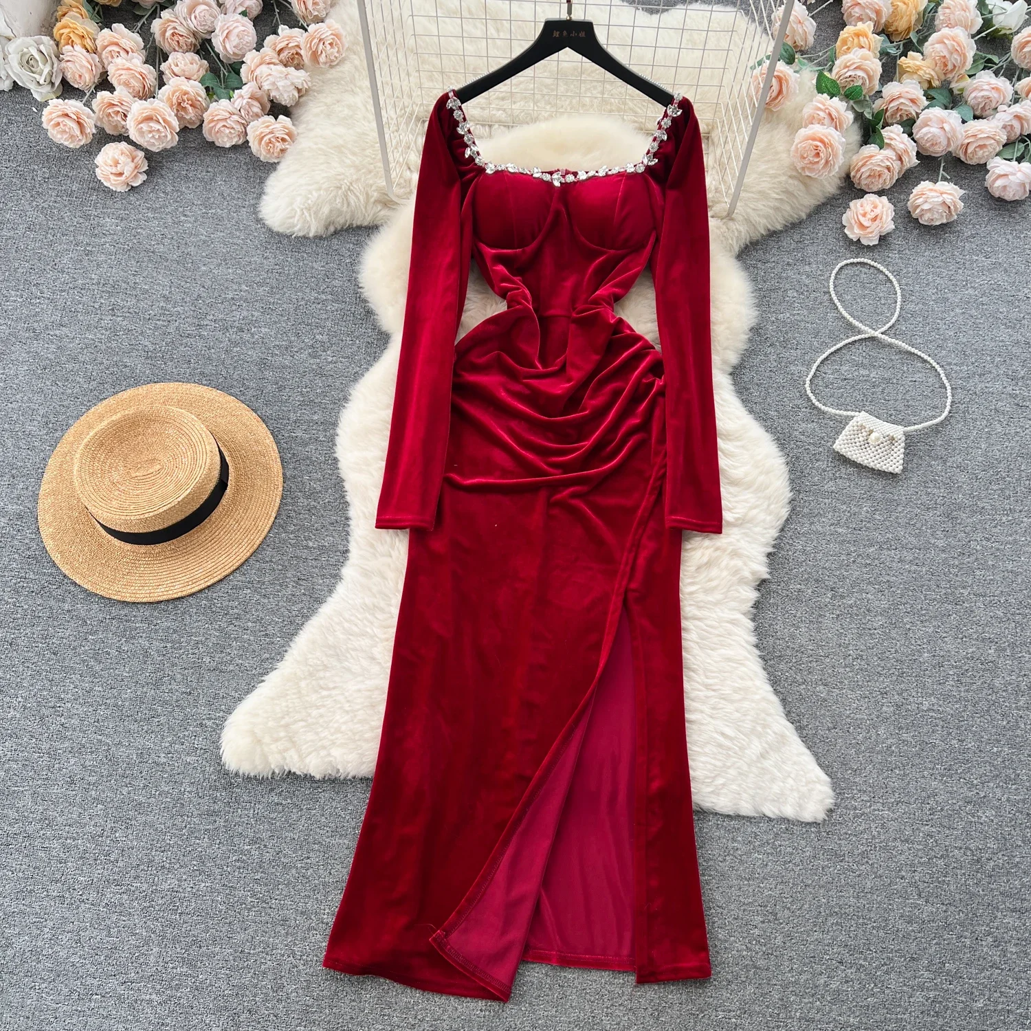 Elegant Square Neck Long Sleeve Velvet Split Dress Chic Elegant Vestidos Autumn Women Fashion Ceremonial Dress