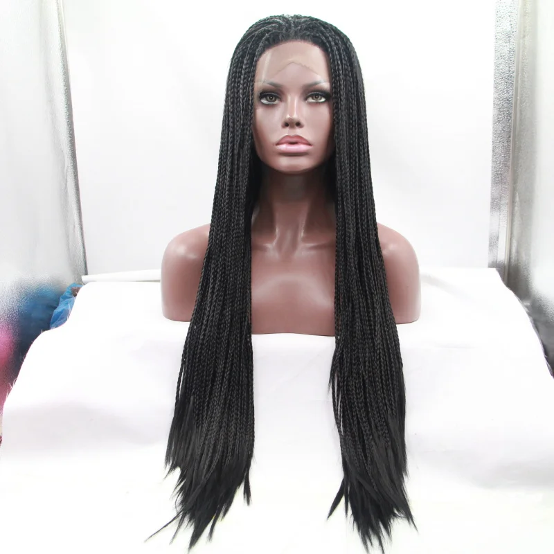 Front lace wig in natural black with three thick braids, rose net, hand-woven dreadlocks