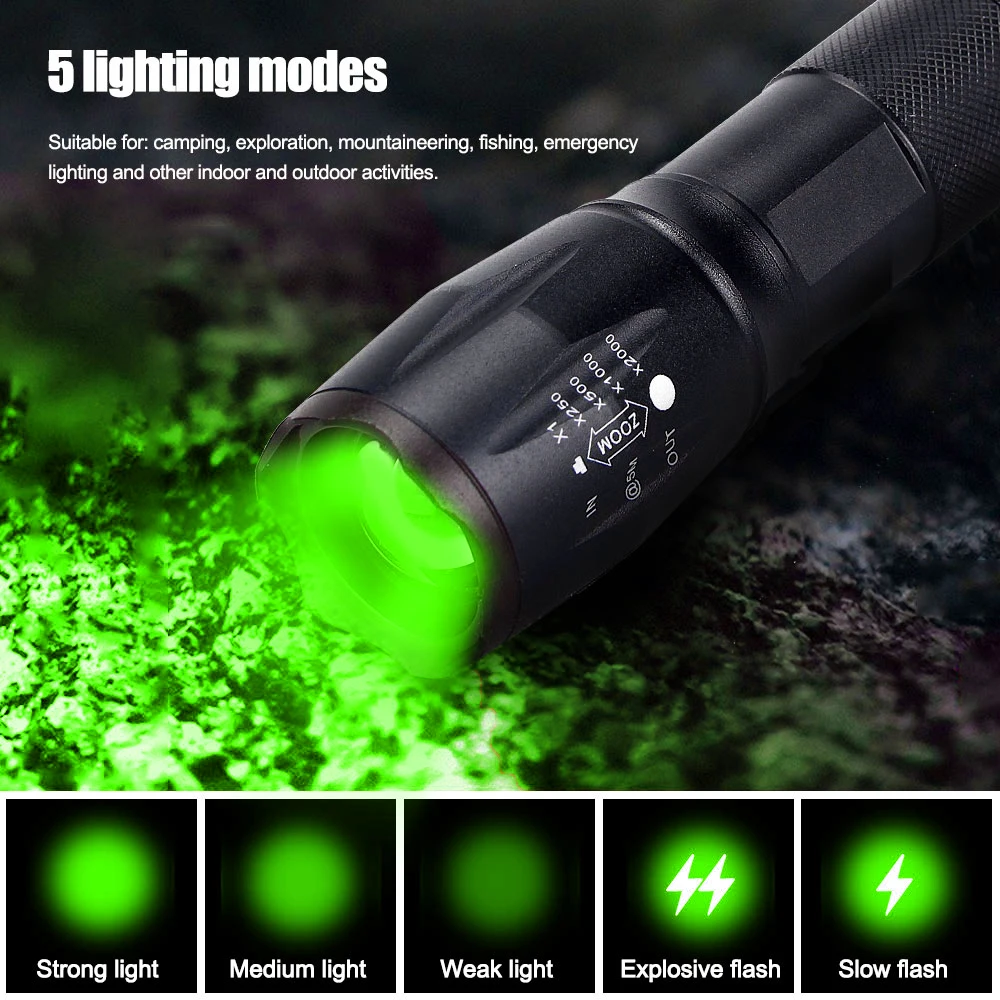 Tactical Hunting Flashlight Green/White Light Zoomable LED Torch USB Rechargeable 5 Modes Lamp for Outdoor Camping Hiking