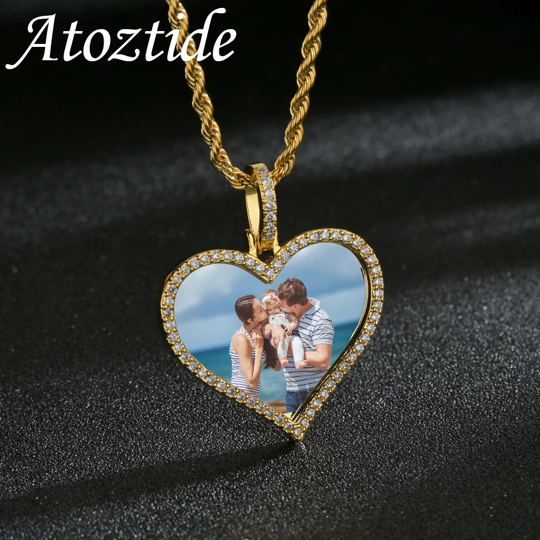 Atoztide Custom Color Picture Necklace for Women Personalized Bling Zircon Pendant Jewelry Alloy Copper Twist Chain Memory Gifts