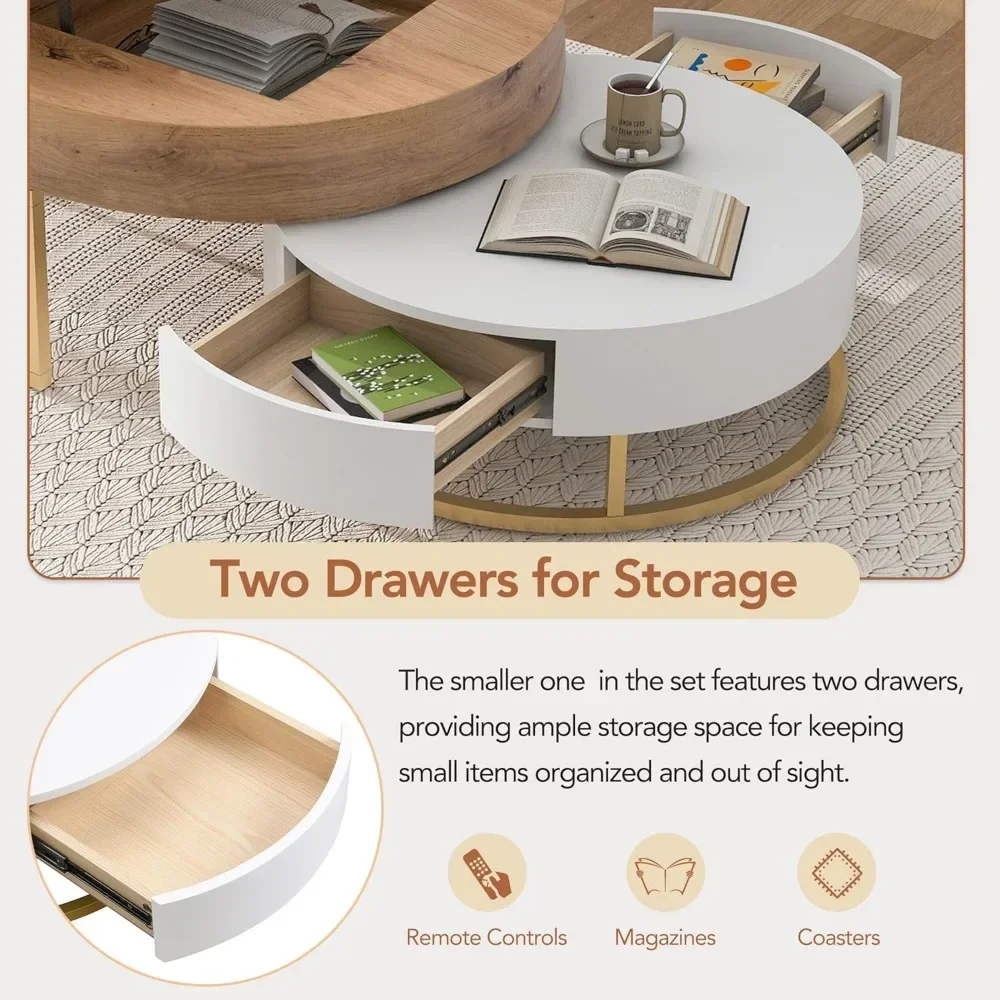 Coffee Table, Lift-Top Nested Coffee Tables with Storage Compartment & 2 Drawers, Round Cocktail Tables Center Table