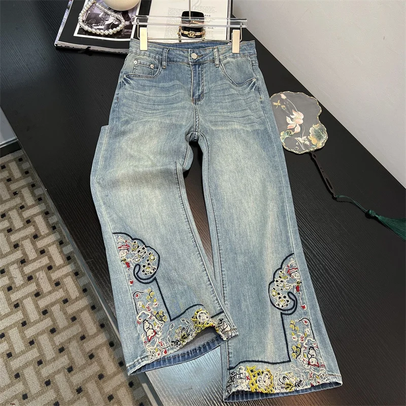 Casual Age Reducing Embroidered Wide Leg Jeans for Women 2025 Summer New Style High Waist, Slim and Versatile Straight Pants