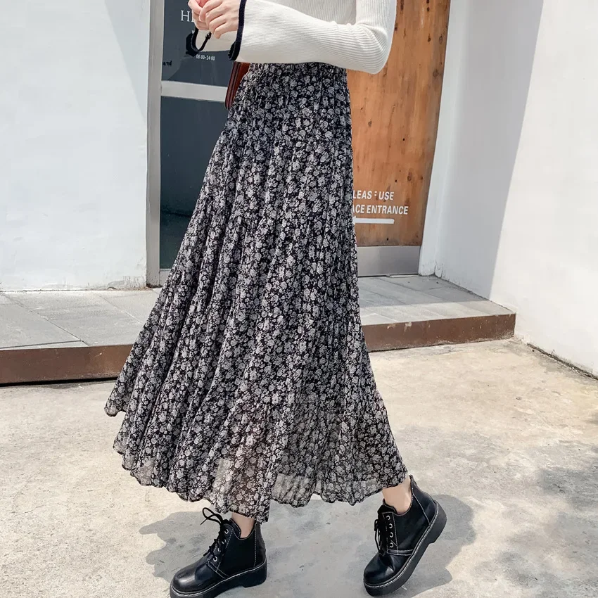 2024 autunno inverno donna gonna floreale a-line gonna a vita alta femminile tinta unita gonna di media lunghezza in chiffon coreano dolce Streetwear