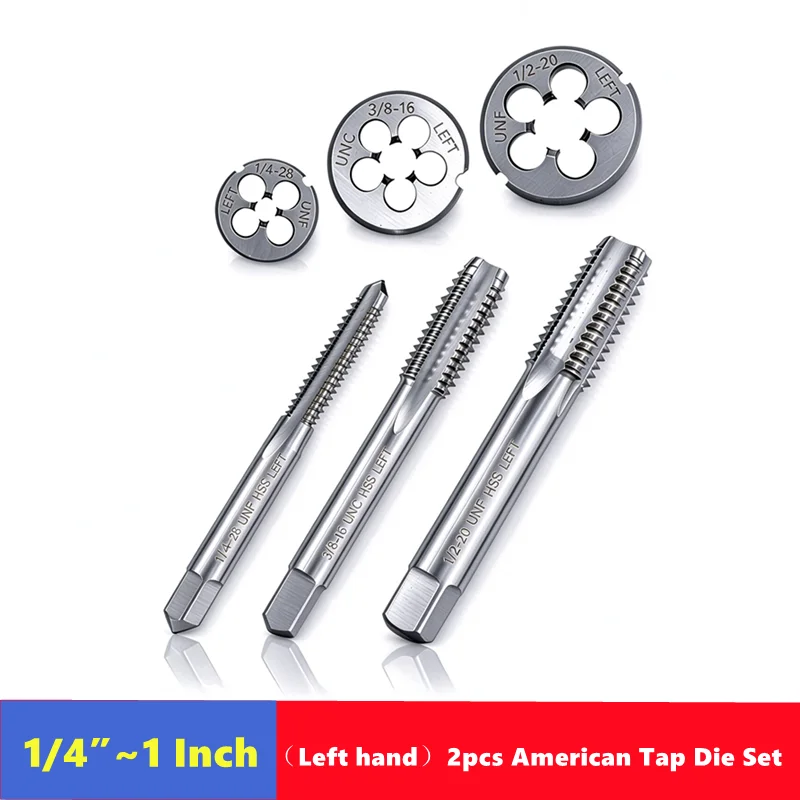 Left Hand 2pcs American Tap Die Set 1/4 5/16 3/8 7/16 1/2 3/4 1 Inch, Used for Machine Tool Internal and External Thread Tapping