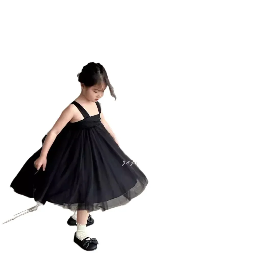 Girls Camisole Dress New Summer Korean Black Elegance Temperament Gauze Princess Dress Trend Children Clothing