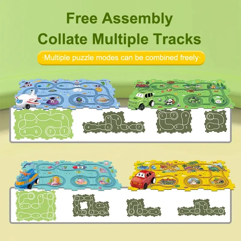 Set mainan mobil Track Puzzle DIY, dengan kendaraan, Set mainan mobil Track Montessori, untuk 3 + tahun hadiah Natal anak-anak