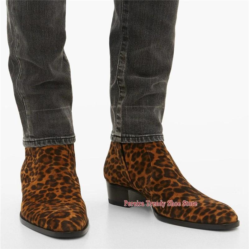 Men's Horse Hair Leopard Print Chelsea Boots British Style Handmade Genuine Leather Pointed Toe Side Zip Thick Heel Short Boots