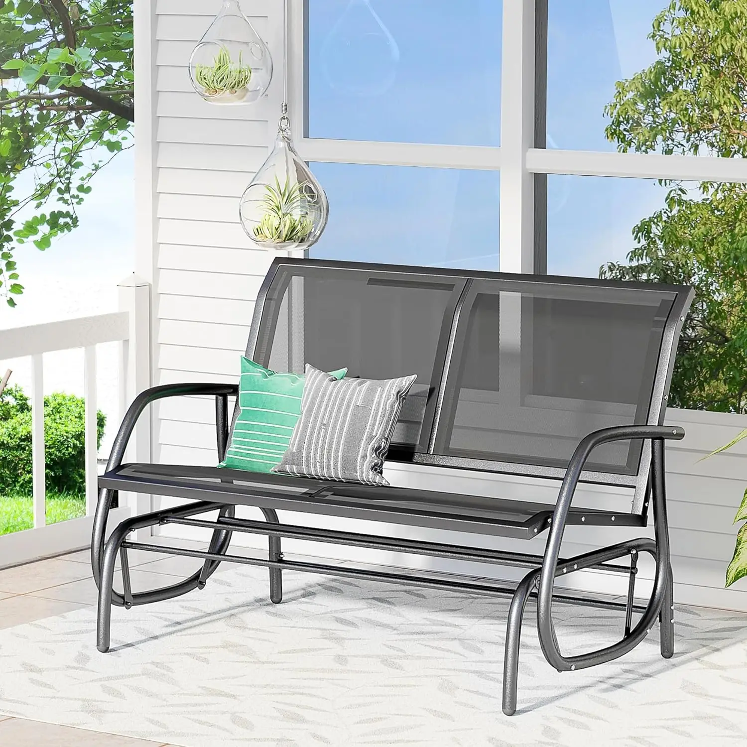 2 คนกลางแจ้งเครื่องร่อน Bench, Patio Double Swing โยกเก้าอี้ Loveseat w/ผงเคลือบเหล็กกรอบสําหรับ Backyard Garde