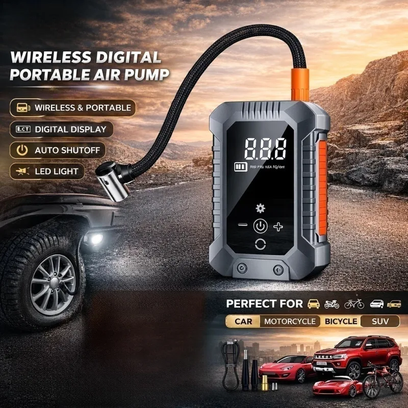 Portable Wireless Electric Car Air Pump with Pressure Detection Lighting Function Quick Inflation for SUV/Bike/Ball Outdoor Use