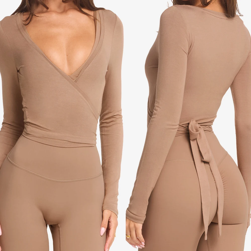 ผู้หญิงฤดูใบไม้ร่วงY2kโยคะ 2 ชิ้นชุดเสื้อผ้าแขนยาวCross Wrap Tie Crop Topsกางเกงขาสั้นเอวสูงออกกําลังกายTracksuits