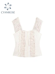 Women Apricot Patchwork Crop Top Vintage Y2k Camisole Fashion Corset Top Sleeveless Off Shoulder Vest 2000s Clothes Summer 2024