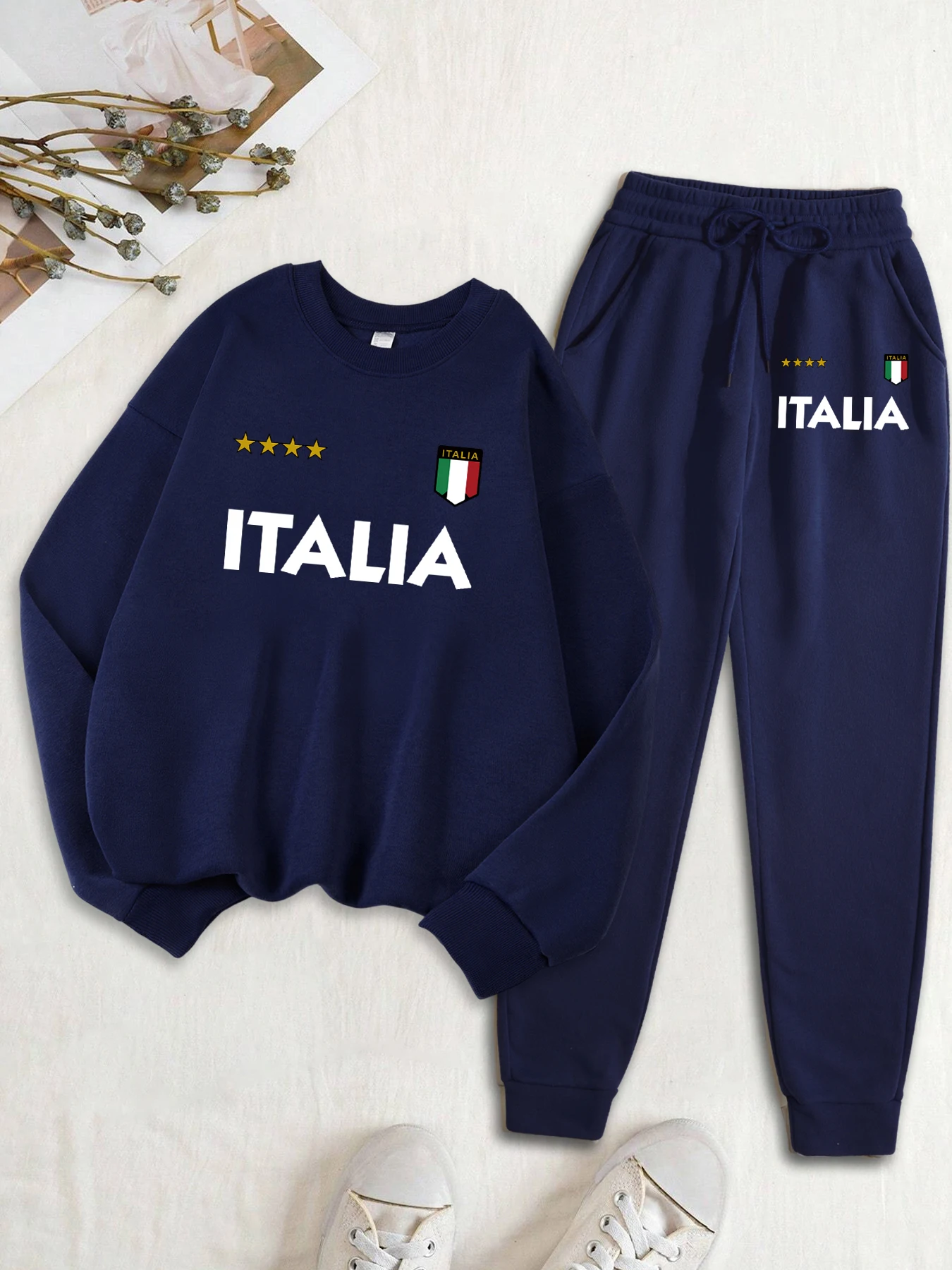 Italia Italian Flag Print Women Tracksuit Suit Warm Fleece Sweatshirt O-Neck Sportswear Autumn Soft Pants Casual Sports Set