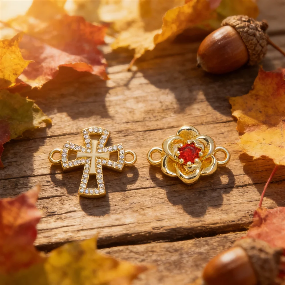 2Pcs Link Connectors Brass Zircon Flower Cross Charms for Diy Jewelry Necklace Bracelet Stylish Ornate Accessories for Women Men