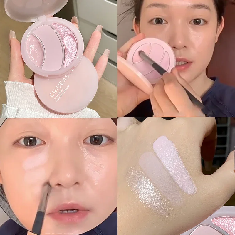 Heallor Mashed Potato Pink Highlighter Cream 3-Color 3D Face Makeup Pearl High Gloss Brightening Moisturizing Cover Concealer Pa