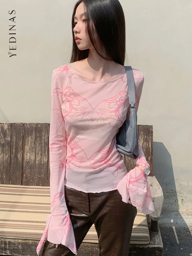 Yedinas Pink Tie Dye Mesh Tops Long Sleeve See Through T Shirt Women Clothes Y2k Grunge Aesthetic Spring Summer Tee Shirt Femme