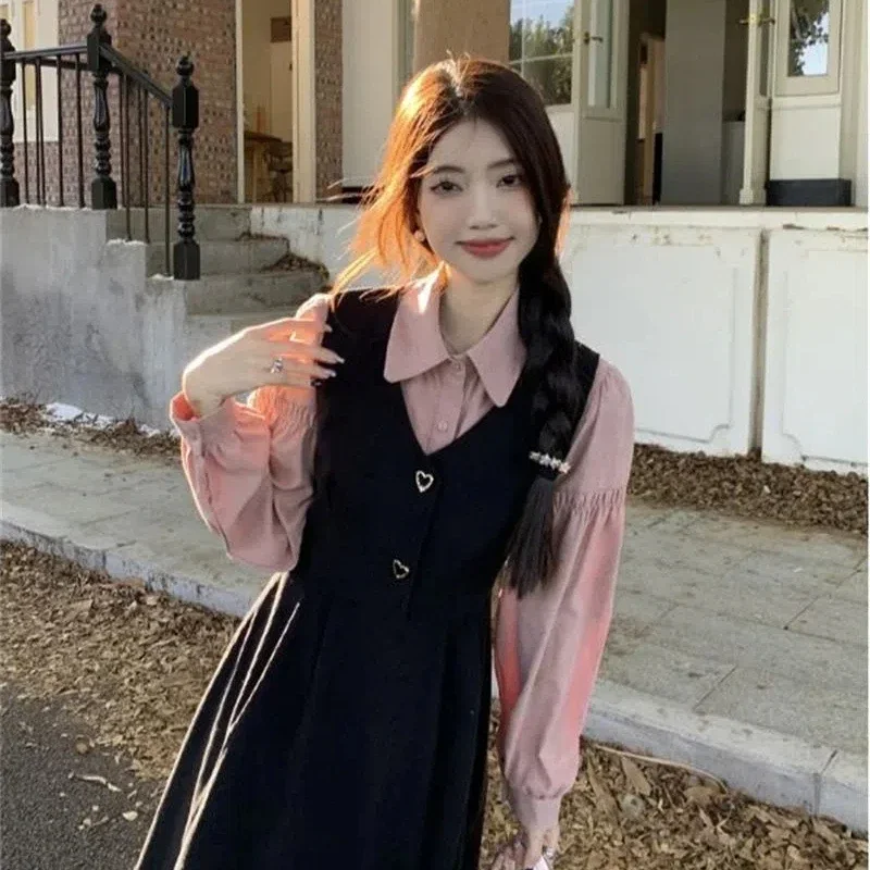 프랑스 레트로 스타일 여성용 스몰 스윗 숄더 스트랩 드레스 신상 폴로 카라 긴팔 셔츠 투피스 세트