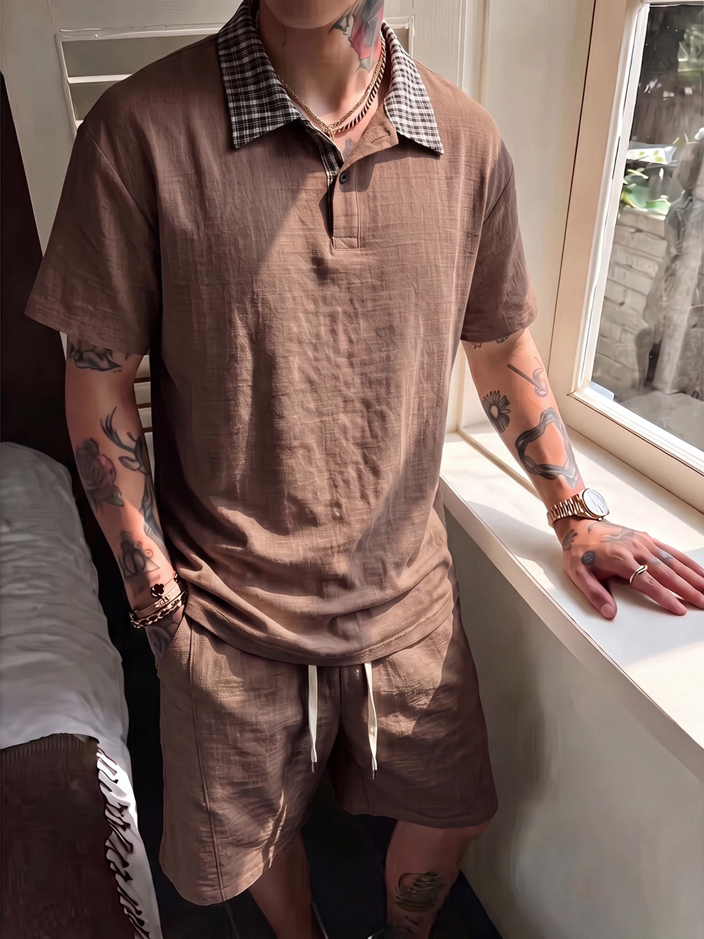 Summer Men's Linen  Shirt And Shorts Set with Collar Flip T-Shirt And Patchwork Design High-End Feelings Fashionable Kit