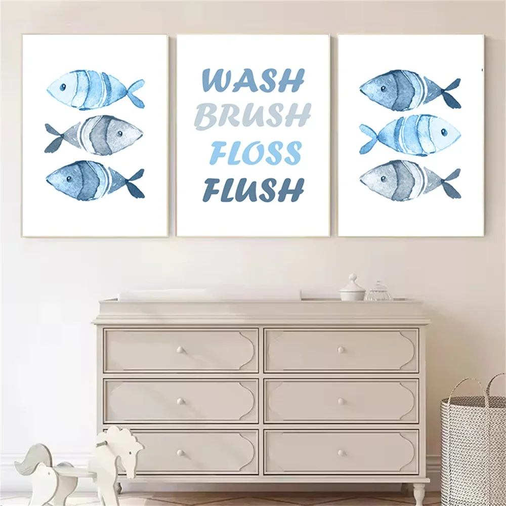 Abstract Blue Fish Poster Wash Brush Floss Flush Wall Art Canvas Painting Nursery Print Nordic Wall Pictures Living Room Decor