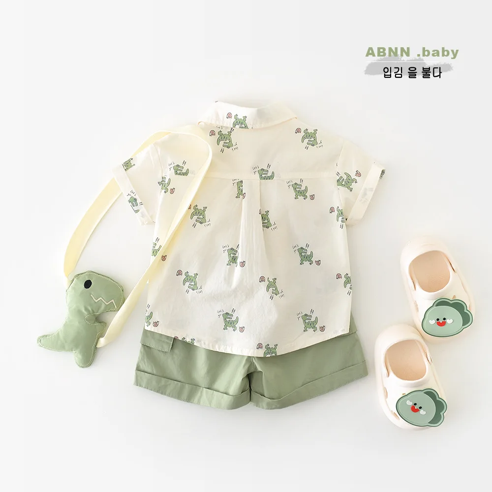 Summer boys cartoon short-sleeved two-piece set, baby full print little dinosaur set, free strap doll 4