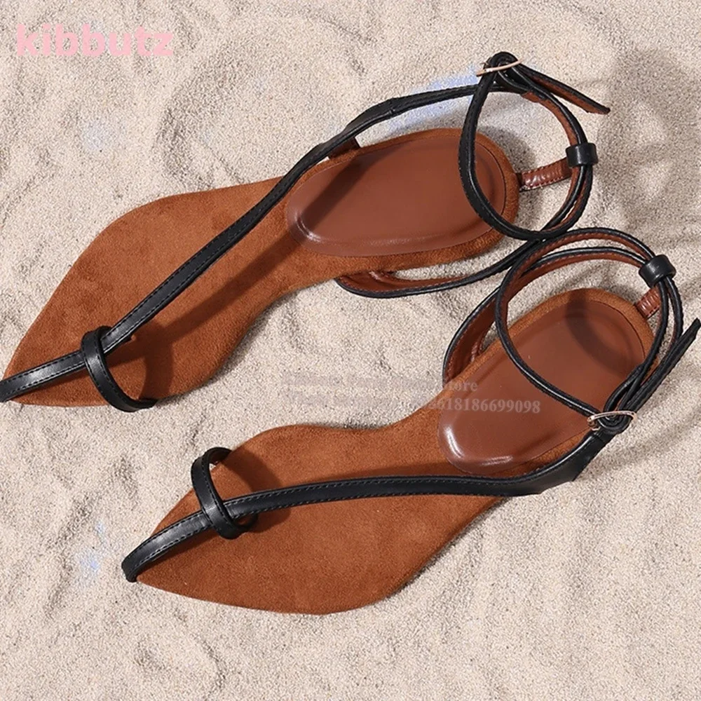 Flip Flops Sandals Pointed Toe Flat With Ankle Strap Mixed Color Genuine Leather Suede Fashion Beach Summer Fashion Sexy Shoes