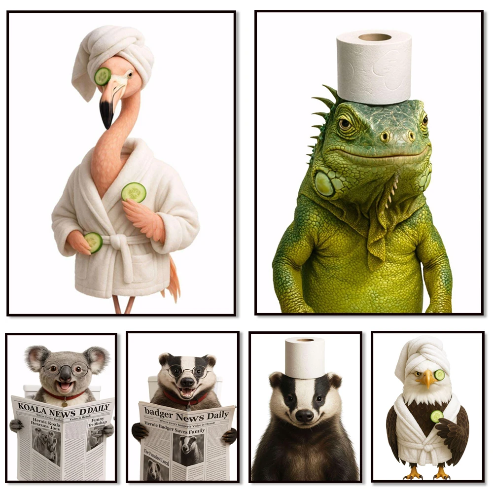 An eagle, flamingo, koala, badger, and iguana, dressed in bathrobes, sit on the toilet reading newspapers and bathroom posters.