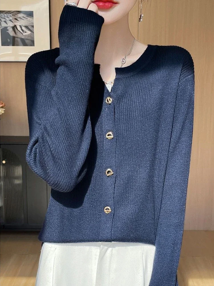 Feminino o pescoço versátil camisola feminina outono inverno 2025 novo único breasted malha cardigan senhoras cor sólida camisola casacos