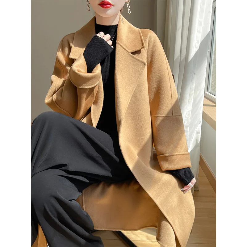

Новое корейское двустороннее кашемировое пальто на осень и зиму, женское длинное стильное, ленивое и роскошное шерстяное пальто.
