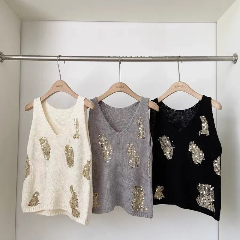 Top Women's Summer French Style Elegant Sequin Patchwork Halter Neck Tank Top Distinctive Youthful New Comfortable Casual Niche