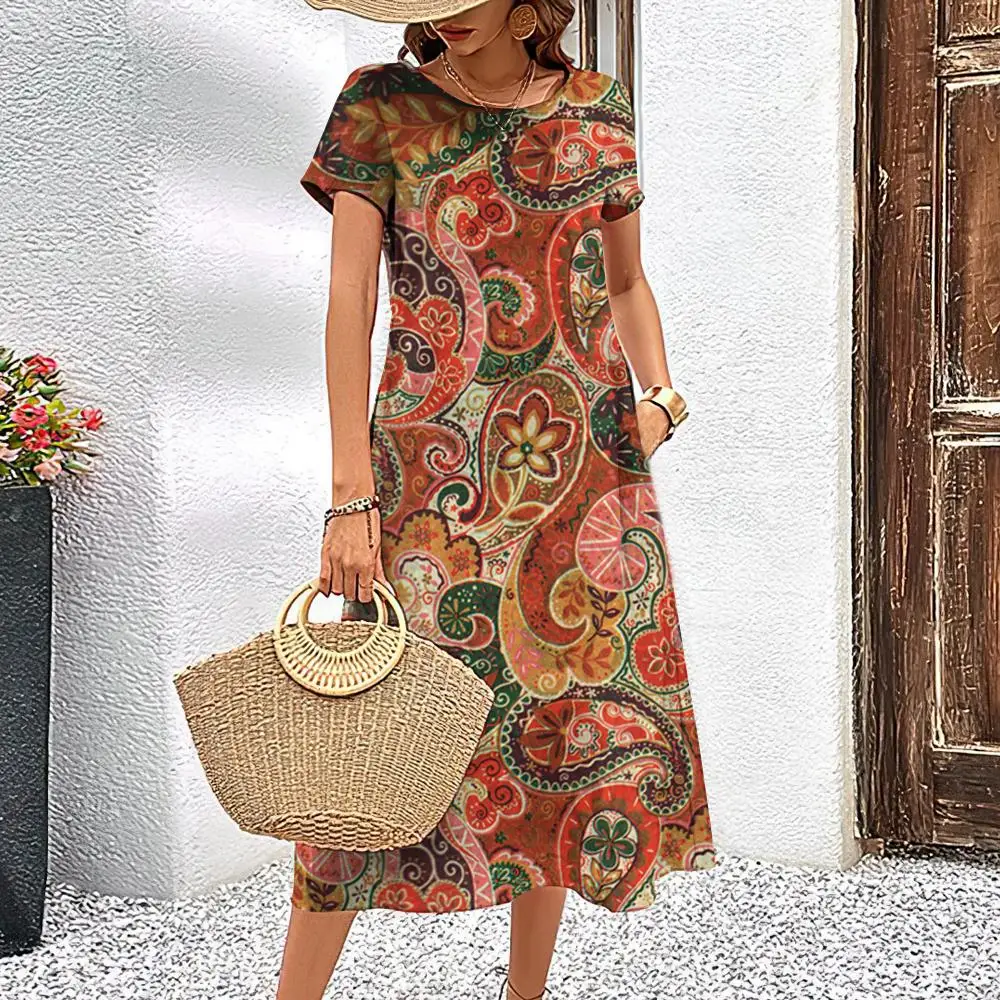 2024 Women's Dresses Paisley Print Elegant Midi Dresses Female Short Sleeve Dress Fashion Oversized Clothes Summer