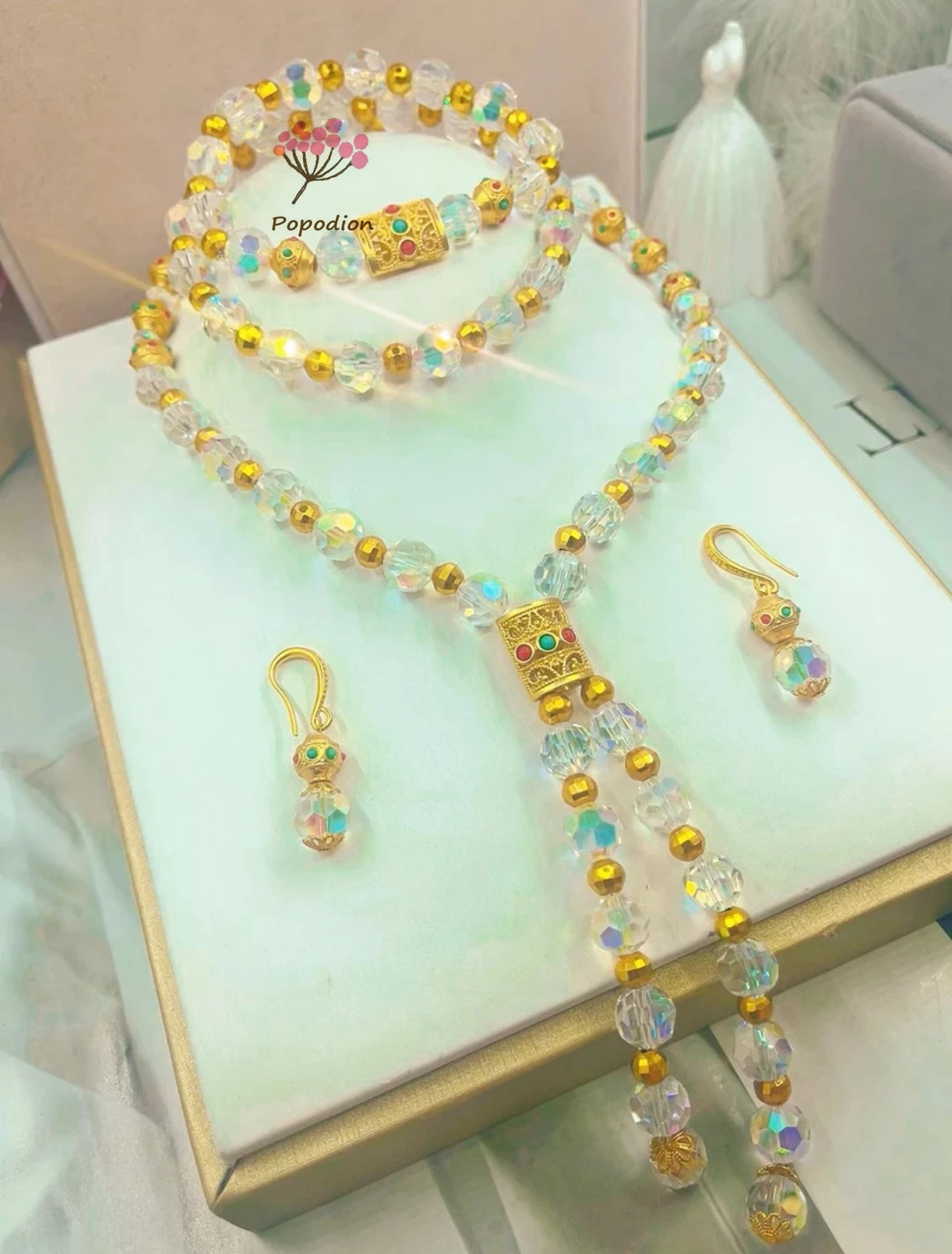 

New Handmade Dubai Jewelry Bridal Wedding 24K Gold Plated Shining Necklace Earrings Bracelet Fashion Three Piece Set YY10477