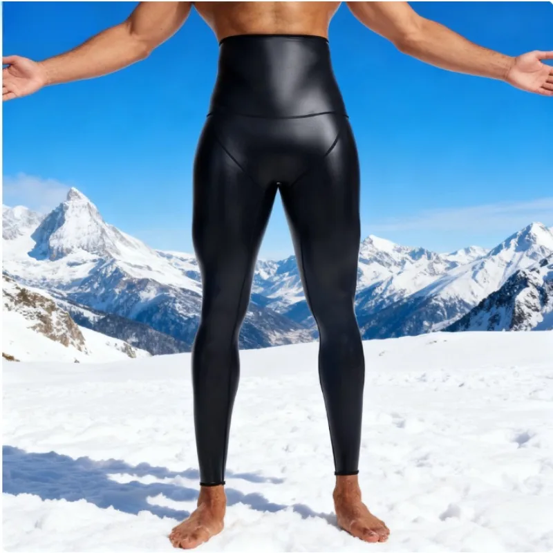 Men High Waist Leather Trousers 4 Way Stretch Tummy Control Butt Lifting Ankle Length