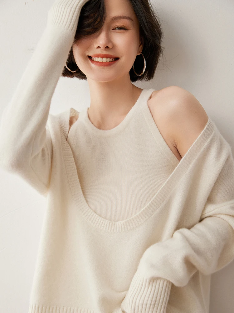 

Korean Hotsweet Women's Casual Loose Clothing Solid Color Pullover Sweater Autumn Winter 100% Cashmere Knitwear Grace Soft Tops