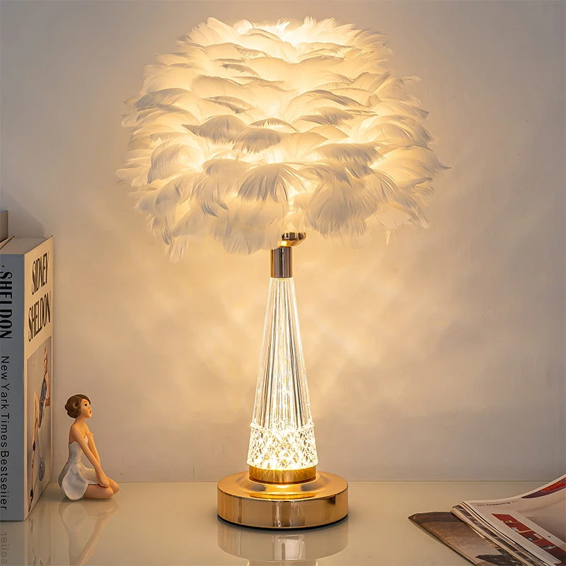 Table Lamp Feather Lamp Master Bedroom Princess Room Light Luxury Romantic Bedside Table Lamp Dimming