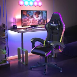 RGB-gamingstoel LED-verlichting Ergonomische computerstoel Liggend PU-leer Videobureaustoel met hoge rugleuning Verstelbare lendensteun