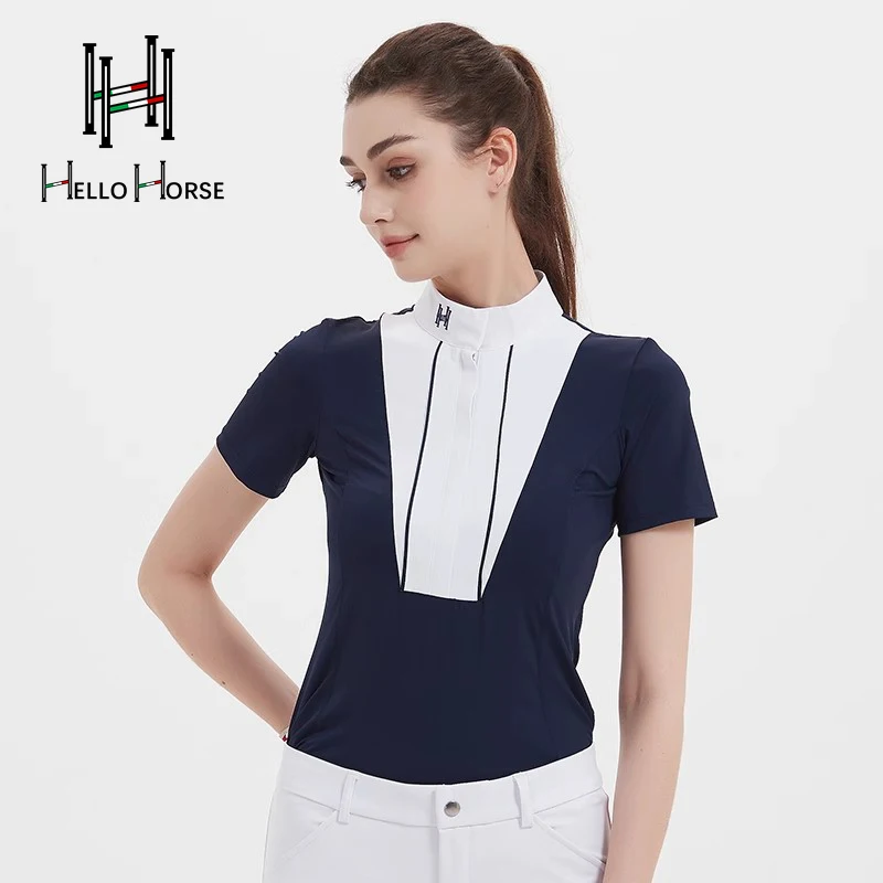 مرحبا الحصان الفروسية تي شيرت ملابس الفروسية الكبار متسابق الملابس الفروسية المنافسة قصيرة الأكمام أعلى تنفس متسابق والعتاد