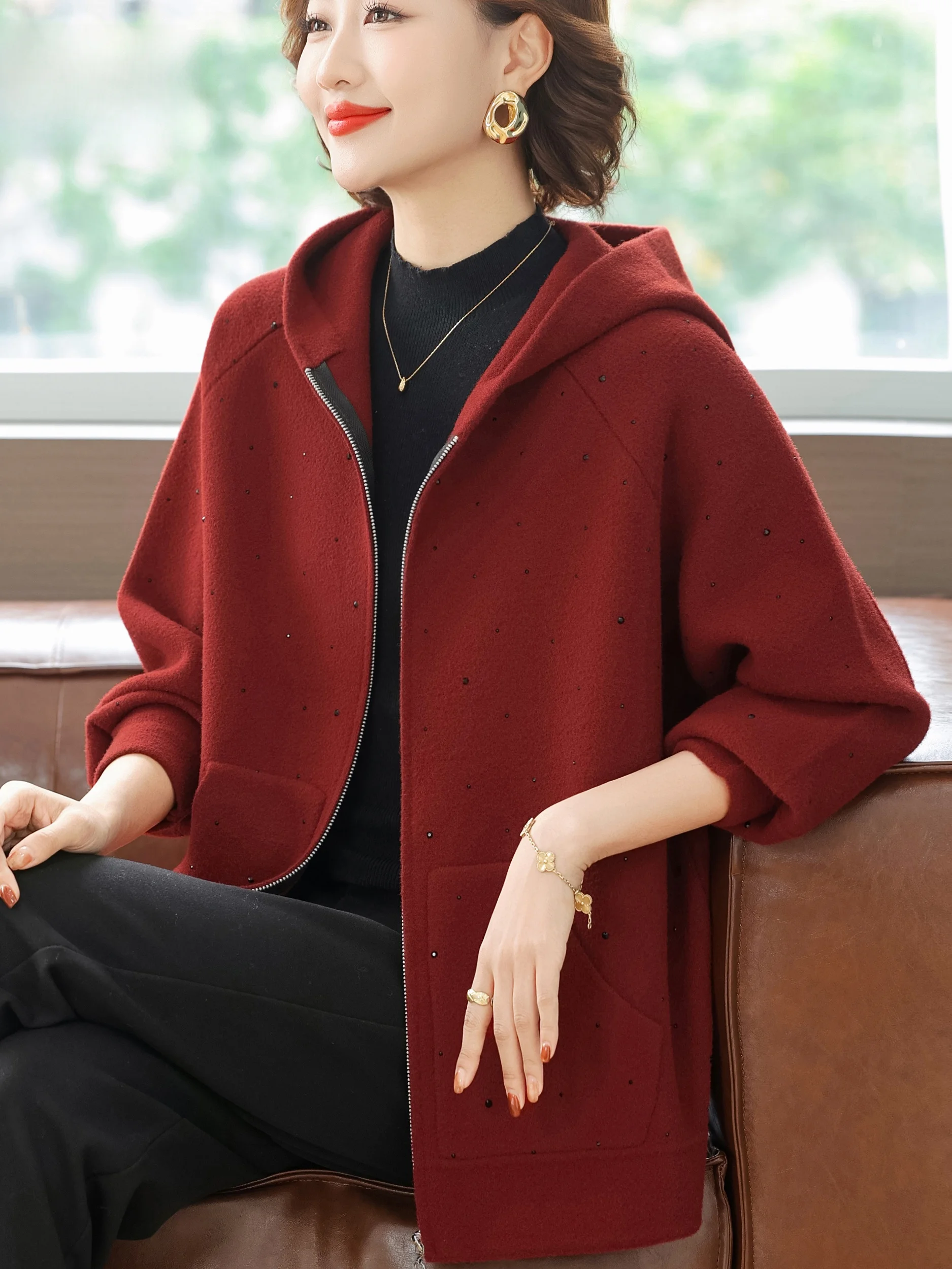 

2025 New Faion Thiened Zipper Hooded Open Cardigan Women's Loose Large ket Slimming Outerwear ly Women's Clothing