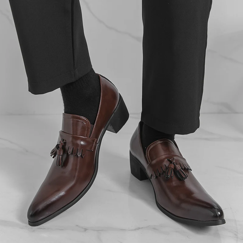 

Elevator Shoes For Men Pointed Toe High Heel Tassel Loafers Business Casual Slip On Dress Shoes Wedding Party Height Increase