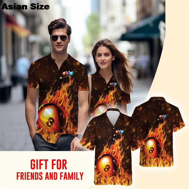 

Billiards Ball 8 Fire Colourful Personalized Name 3D Print Fashion Men's Shirts Summer Gifts For Friends And Family Lapel Blouse