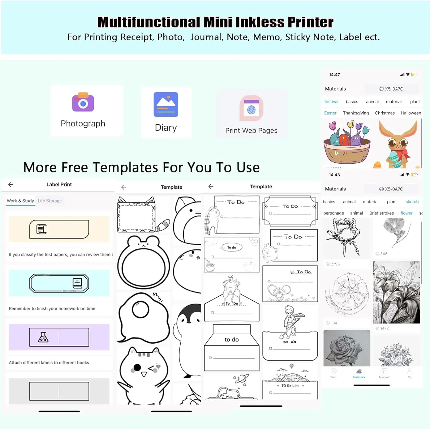 Mini Inkless Sticker Printer HD Thermal Sticky Note Print Pod Sticker Maker Portable Bluetooth Pocket Printer for Notes DIY