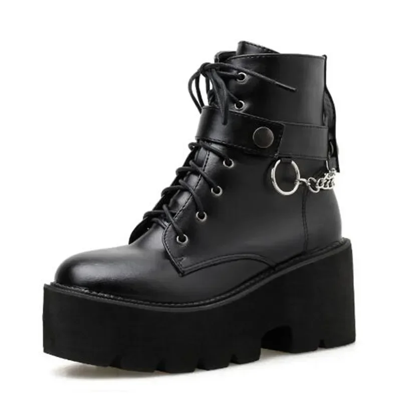 

НОВЫЕ роскошные женские ботинки на платформе с цепочкой, модные женские ботильоны на массивном каблуке со шнуровкой, черная обувь в стиле панк, готическая осенняя обувь Botas Mujer