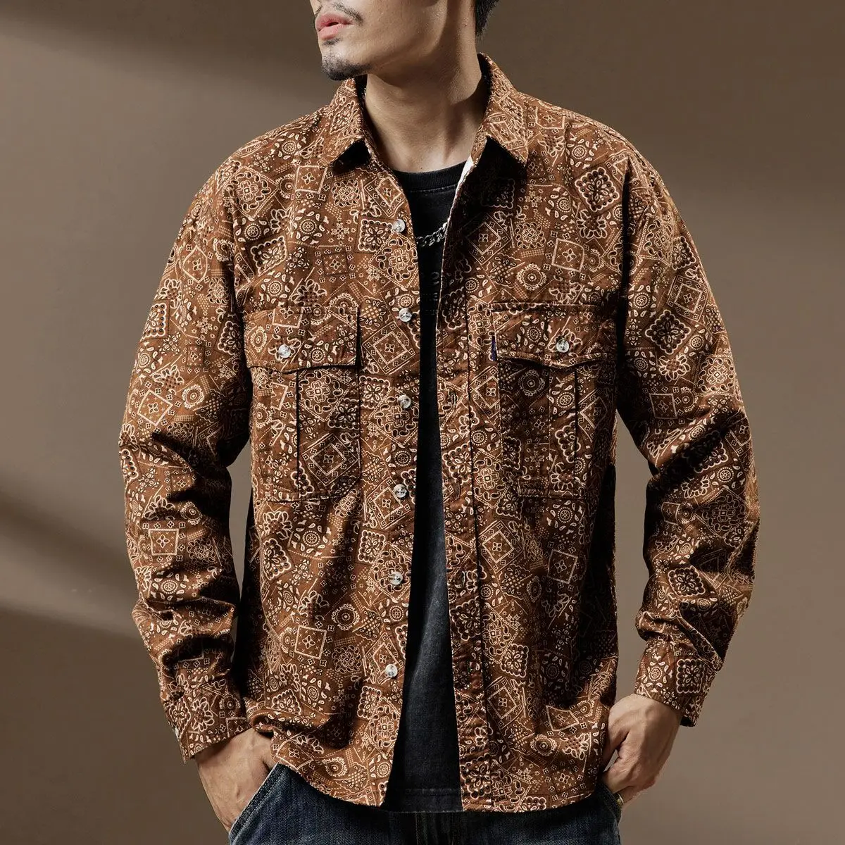 

Spring Thin 2025 American Retro Cashew Flower Shirts for Men Luxury Lapel Buttons Japanese Long Sleeve Casual Men Shirt Jacket