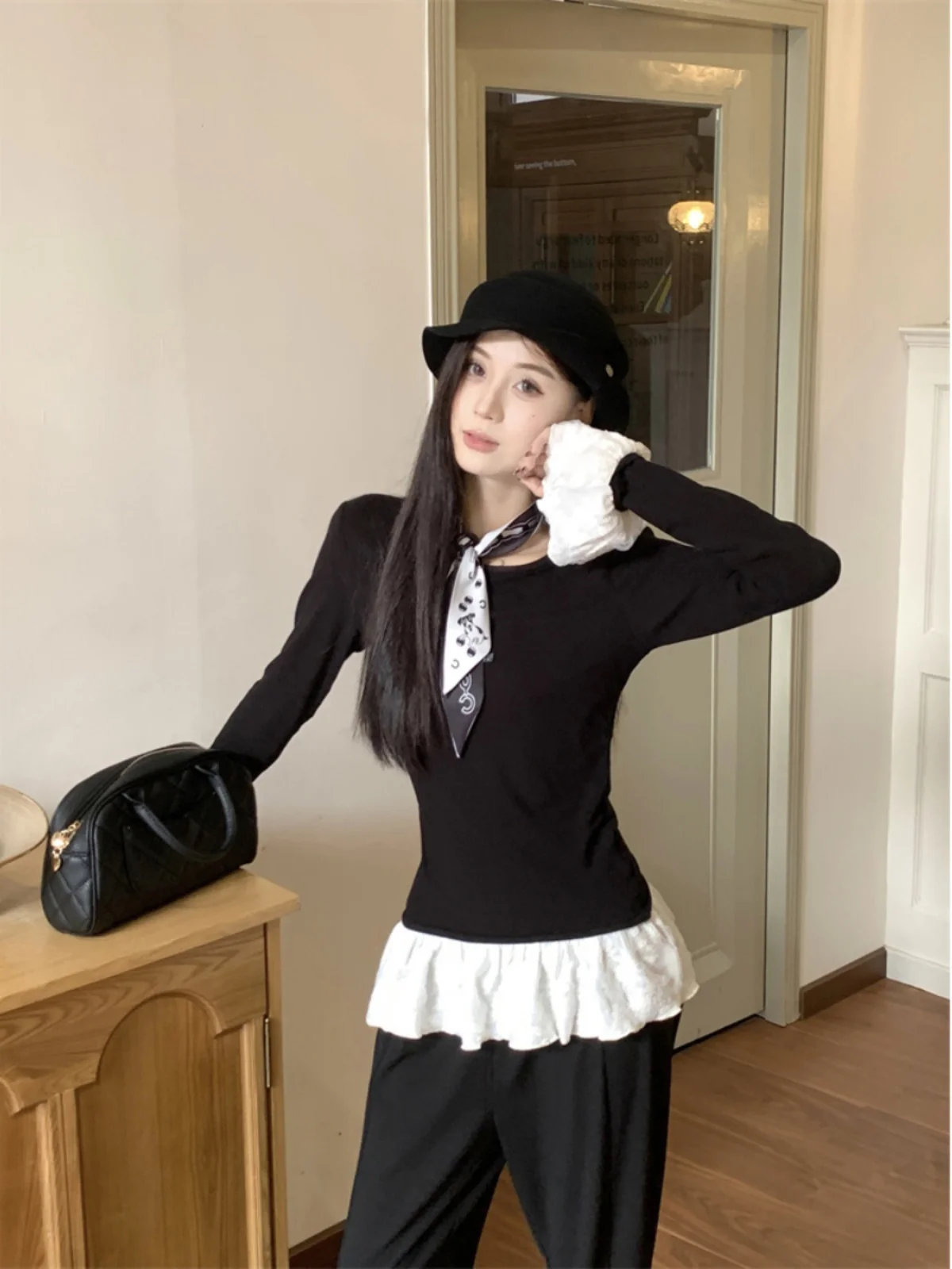 Camiseta larga de talla grande con empalme de encaje para mujer, diseño de cintura adelgazante, ropa interior informal Sle Faionable para otoño