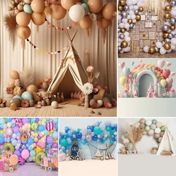 Laeacco Child 1st Birthday Photocall Background Hot Air Balloon Garland Baby Shower Indoor Photography Props Wooden Floor Flower