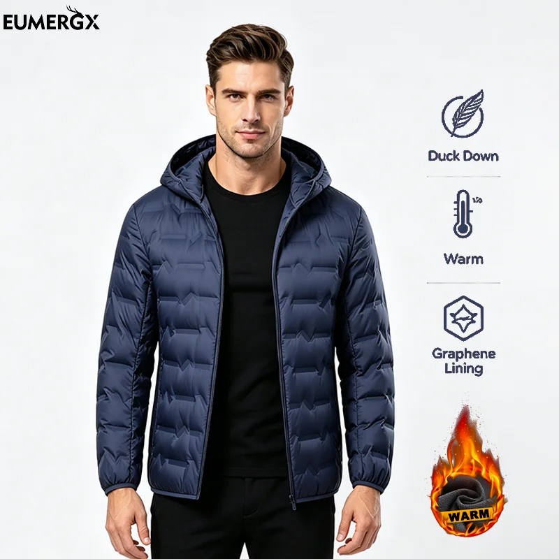 EUMERGX Men's Down Jacket Winter Warm Duck Down Lightweight Padding Jackets Camping Climbing Trekking Graphene Lining Coat