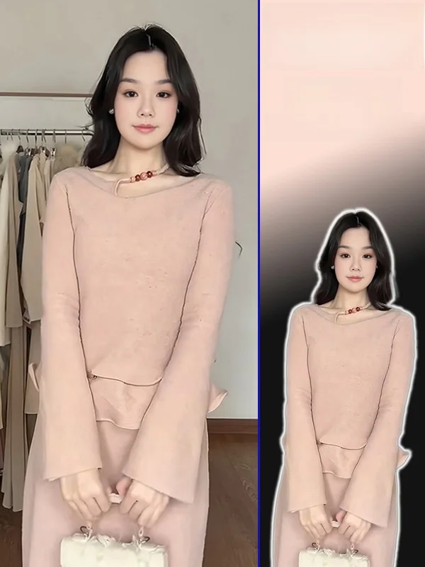 

Комплект из двух предметов: блузка с длинным рукавом и юбка с высокой талией, больших размеров, модный дизайн весна-осень с кружевным подолом.