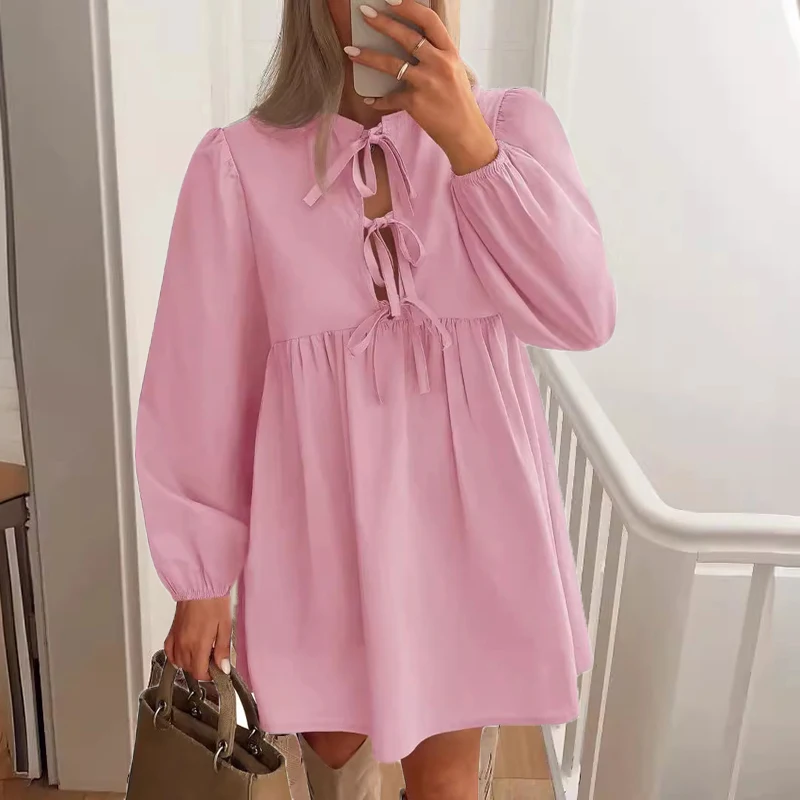 Elegant Women Shirt Dress Bow Hollow Out Long Sleeve Blue Dress Women Vacation Dresses Female Mini Dress Sweet Short Robe