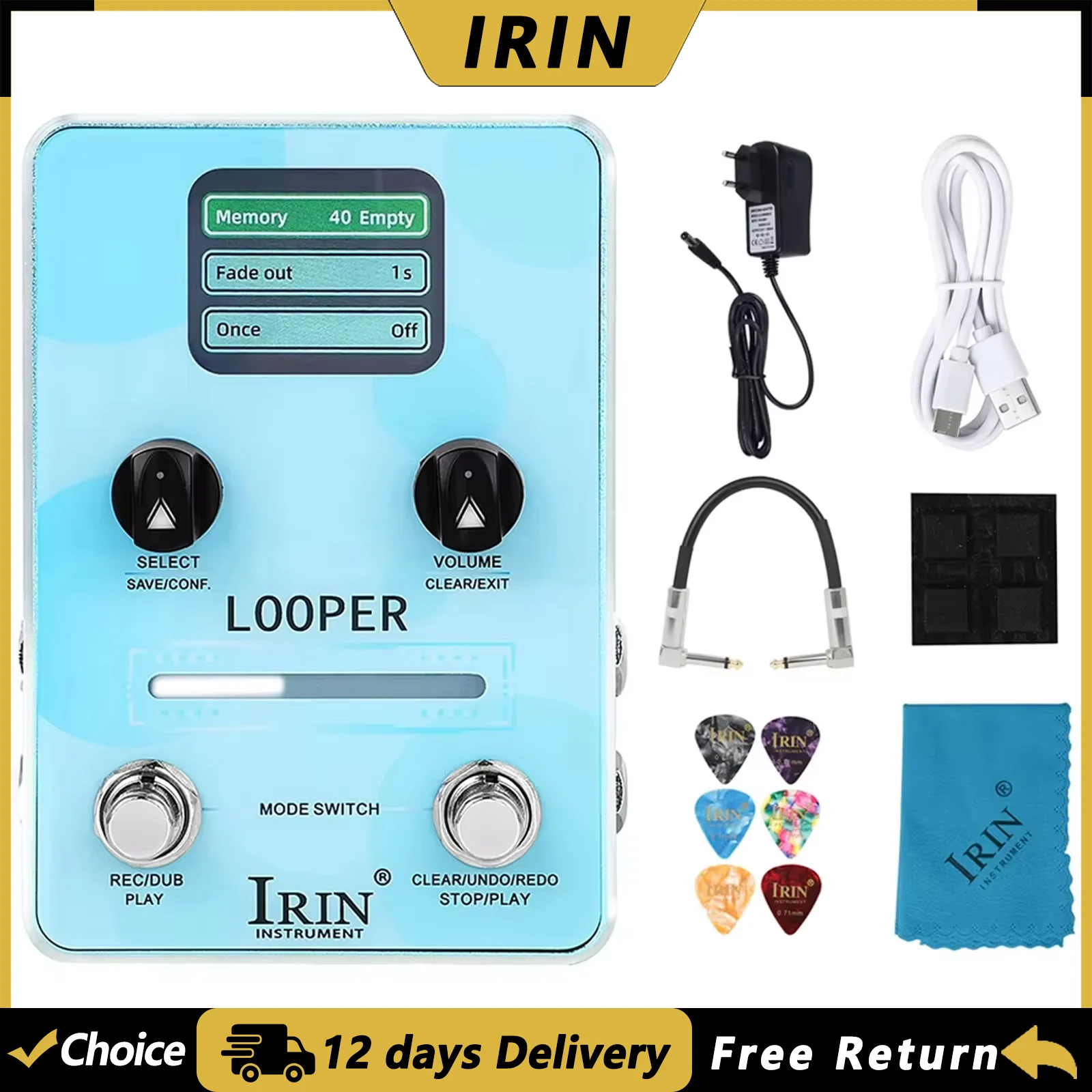 IRIN XS-02 Guitar Looper Effect Pedal 44.1kHz 16bit Loop Pedal 40 Looper Storage Positions 160 Minutes Total Recording Time